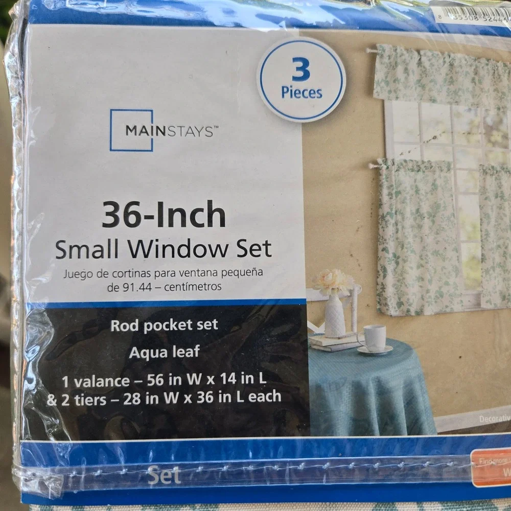 Mainstays 3 Piece Small Window Set Aqua Leaf Valance & 2 Tiers R NEW Cottagecore